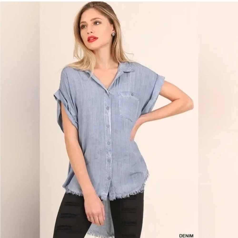 Umgee Button Front Raw Hem Tunic Top – Gray, Size L | NWOT